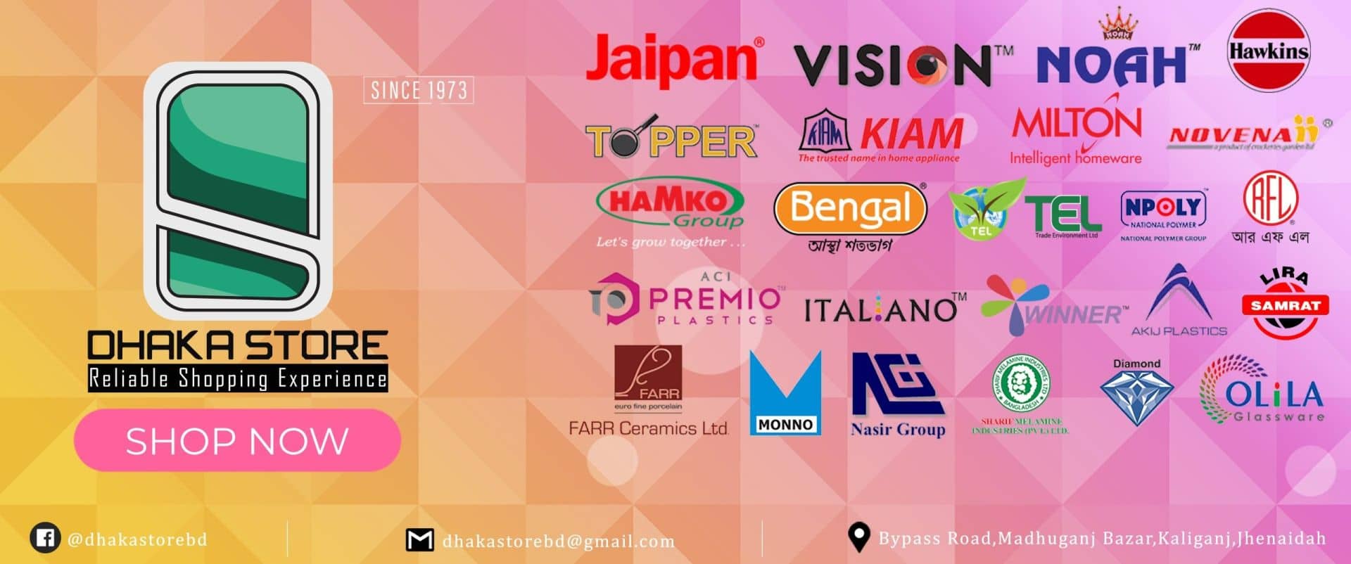 Dhaka Store,Brand,Jaipan,Vision,RFL Plastic,Olila,Nasir,Glassware,Sharif,Italiano,Melamineware,Monno,Ceramic